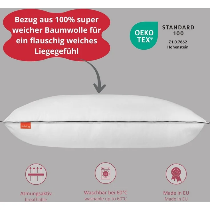 liebling Kopfkissen höhenverstellbares Hotelkissen, Füllung: Polyester Vollfaser, Seitenschläfer, Bauchschläfer, Rückenschläfer, Made in EU – Bild 2