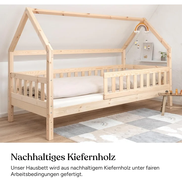 Ehrenkind® Hausbett | Kinderbett mit abnehmbaren Rausfallschutz aus Massivholz FSC zertifziert inkl. Lattenrost | Hausbett 90x200 | Kinderbett 90x200 Natur – Bild 4