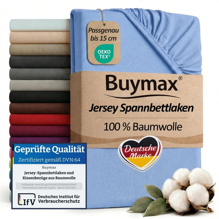 Buymax Spannbettlaken 80x160 cm Kinderbett, 100% Baumwolle Jersey, Hellblau | Kinder Spannbetttuch 80x160 cm mit Gummizug, für Matratzen bis 15 cm, OEKO-TEX Standard 100, weich & hautfreundlich