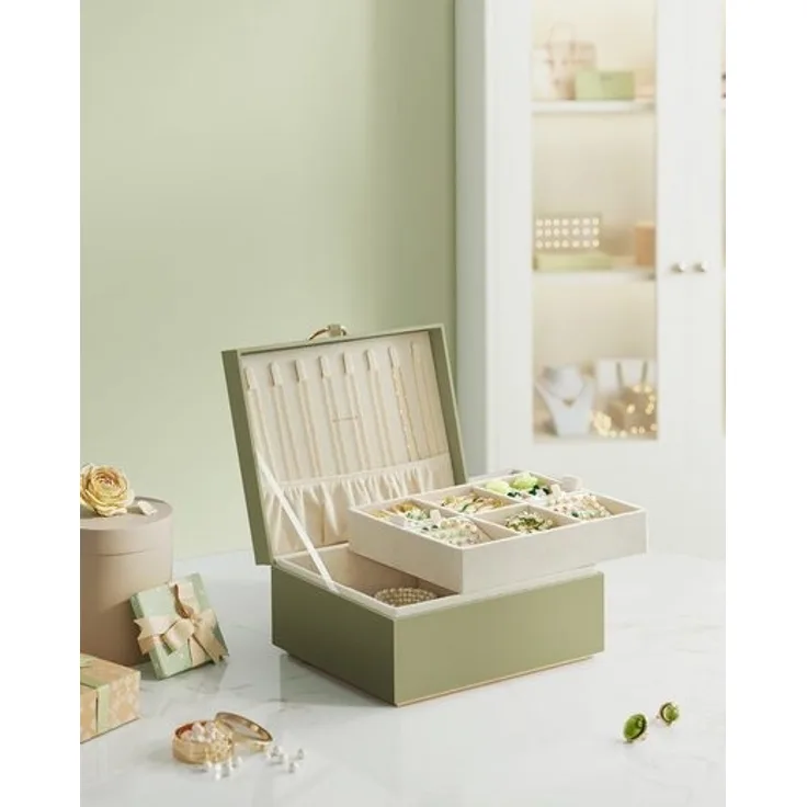 SONGMICS Schmuckkästchen 2 Ebenen, Schmuckkasten mit Griff, flexibles Schmucktablett, Schmuckbox, Schmuckaufbewahrung, schwebender Effekt, 20,5 x 24 x 11 cm, Weihnachten, lorbeergrün JBC165C02