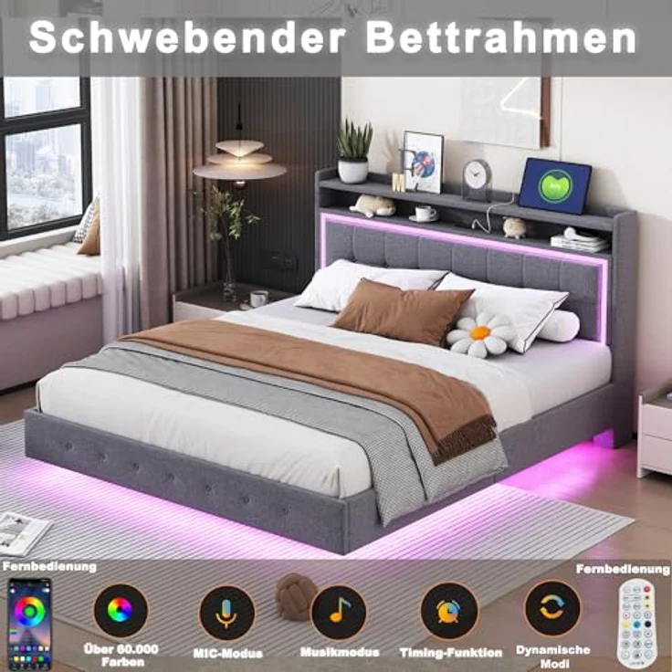 Ball & Cast Polsterbett 160x200 cm, Doppelbettgestell, Bettrahmen mit Beleuchtung und Ladestation, Bettgestell mit Kopfteil, Bett Schwebebettrahmen, Leinen, Grau – Bild 6