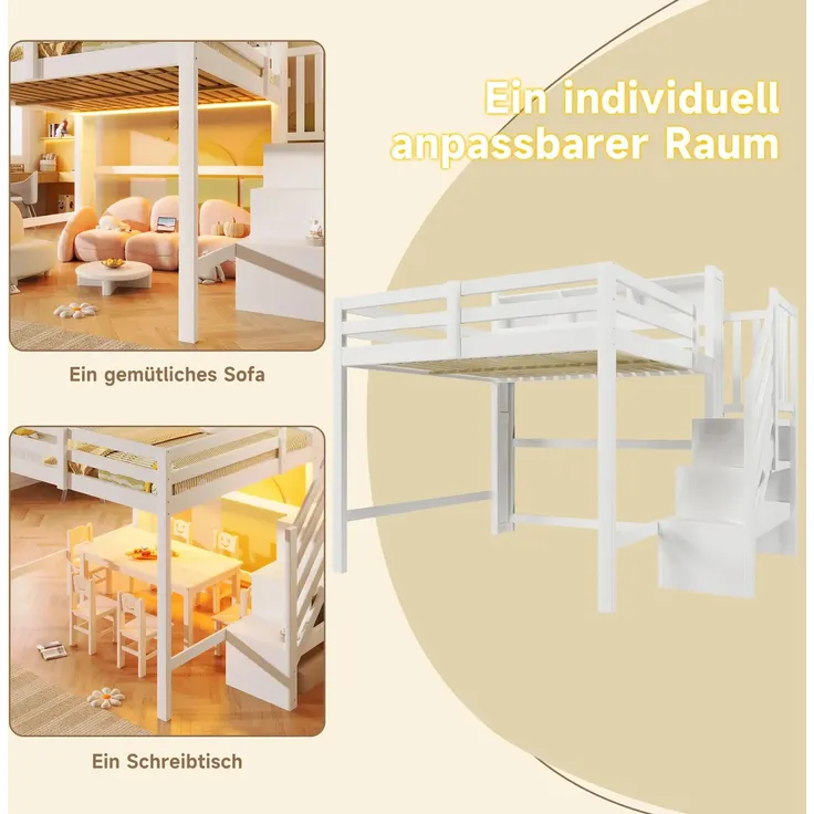 Hochbett mit RGB LED-Streifen, Stauraum, Lattenrost, Rausfallschutz und Regal, Treppe mit Regal, 140x200 cm, Kinderbett, Kiefer – Bild 6
