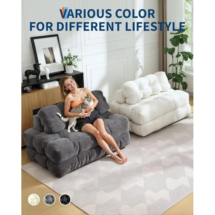 GarveeHome 3-in-1 Klappbares Schlafsofa mit Kissen – Faltbare Matratze & Rückenstütze – Komfortabler, tragbarer Doppelsitzer für Wohnzimmer & Studentenwohnheim – Platzsparendes Bodensofa – Maße: – Bild 4