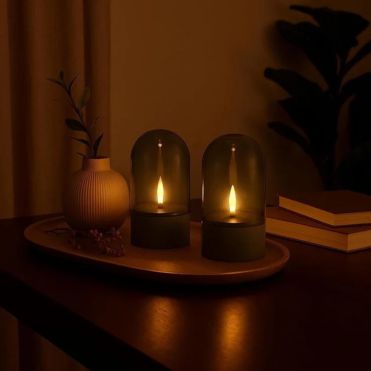 Brilliant LED Tischleuchte Illusion, LED fest integriert, LED-Kerzen Tischleuchten 2er-Set, 16x8 cm, Rauchglas, 2500 K, grau – Bild 2