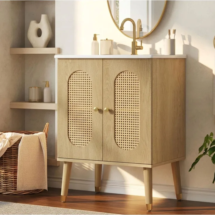 Badunterschrank 61 x 47 x 89 cm mit Keramikwaschbecken, Rattantüren und Stauraum
