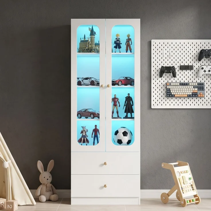 ZUBALIYA Glasvitrine, Küchenschrank, Aktenschrank, Sammelfiguren-Vitrine, 4 Ebenen Spielzeugschrank mit 2 Schubladen, LED-Leiste mit RGB-Farbwechsel per App steuerbar, goldene Metallgriffe, weiß, 60x35x170 cm – Bild 23