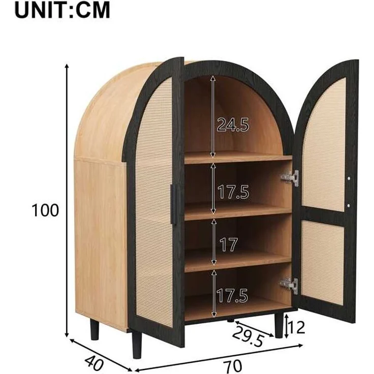 Schuhschrank/Sideboard mit Rattantüren & Metallgestell, 70x40x100 cm, Natur/Schwarz – Bild 10