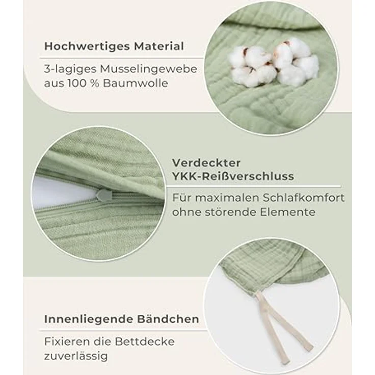Laynenburg Bettwäsche Musselin aus 100% Baumwolle in 135x200 oder 155x220 cm, atmungsaktiv & bügelfrei – 3 lagig mit Reißverschluss & Haltebändern – Bild 6