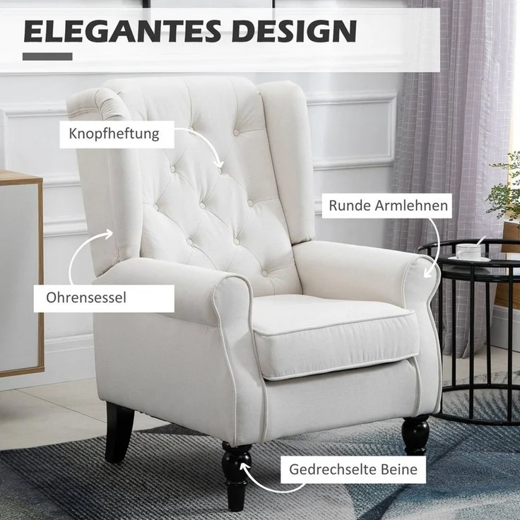 HOMCOM Sessel Einzelsessel, Akzentsessel mit Tufting Holzfüße (Ohrensessel, 1-St, Relaxsessel), für Wohnzimmer, Cremeweiß – Bild 4