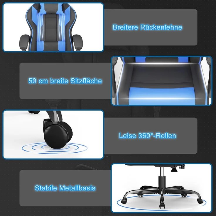 Devoko Gaming Stuhl mit Massagefunktion, Bürostuhl Ergonomisch mit Verstellbarer Ruckenlehne (90-135), Schreibtischstuhl mit Bewegliche Armlehne, max 150kg, Blau – Bild 9