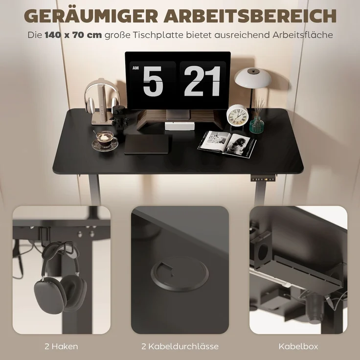 Vinsetto Schreibtisch, Spanplatte, Stahl, Schwarz, 140L x 70B x 72-116H cm – Bild 7