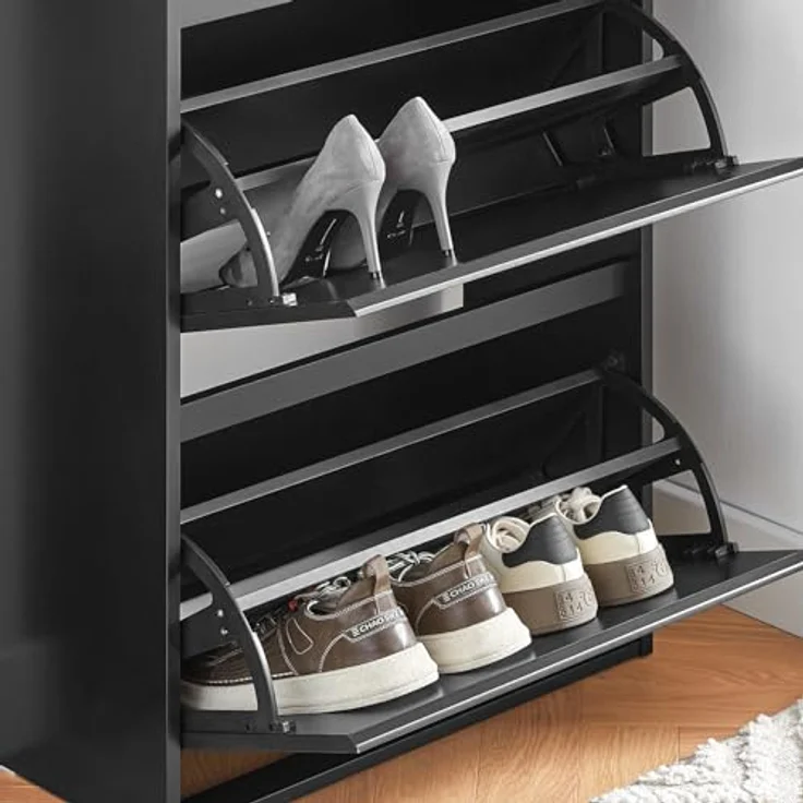 SoBuy Schuhschrank, Schwarz, Holzwerkstoff, 3 Klappfächer, verstellbare Böden, 61x120x26 cm – Bild 7