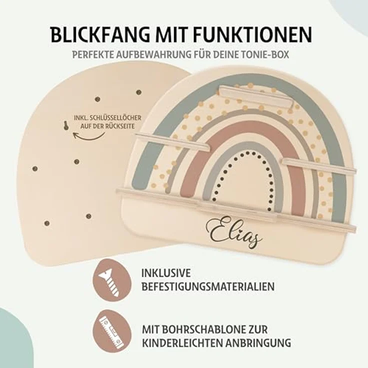KIDSMOOD - Personalisiertes Tonie Regal für Kinderzimmer | Regenbogen Wand-Regal mit genügend Platz für Tonie-Hör-Figuren, Aussparung für Tonie-Musikbox & Kabelmanagement, Tonie Regal Mädchen & Jungen – Bild 5