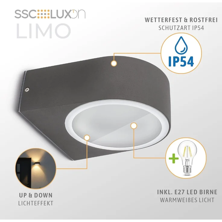 SSC-LUXon LED Außen-Wandleuchte LIMO Wandlampe außen Up & Down IP54 grau mit E27 LED 6W warmweiß 230V, Warmweiß – Bild 3