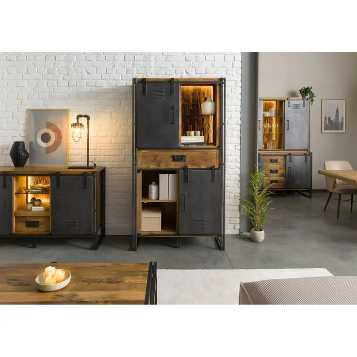 Schrank Mango / Altholz 105x45x195 natur / grau lackiert / Metall grau BLACKBURN LUX #405 – Bild 9