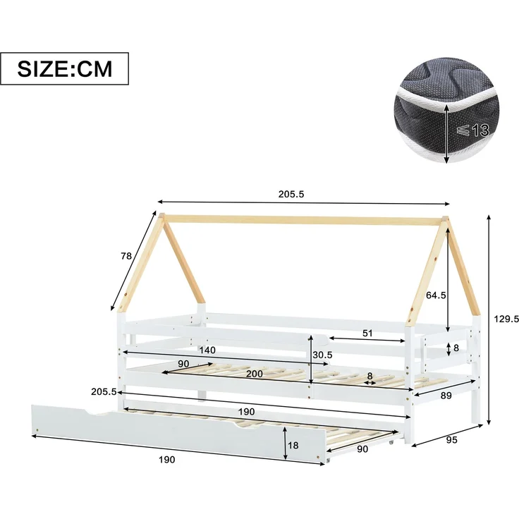 Baumhausbett, Tagesbett, Einzelbett, Kinderbett, Ausziehbett, Schiebebett mit Rollen unten, Massivholz, weißes Bett, naturfarbener Dachstuhl (90x200 & 90x190CM) – Bild 5