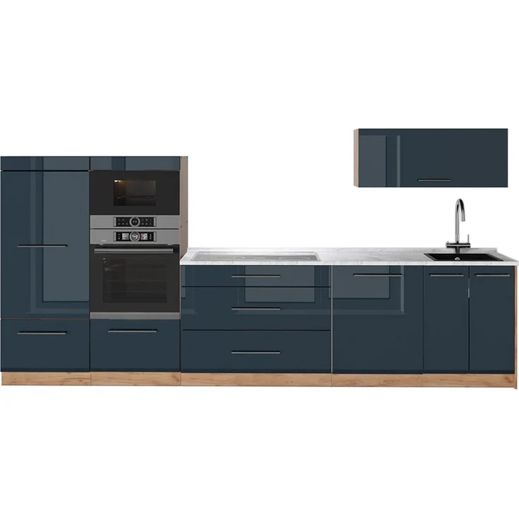 Küchenzeile Fame-Line Dunkelblau Hochglanz/Goldkraft Eiche 340 cm, AP Marmor Vicco – Bild 1
