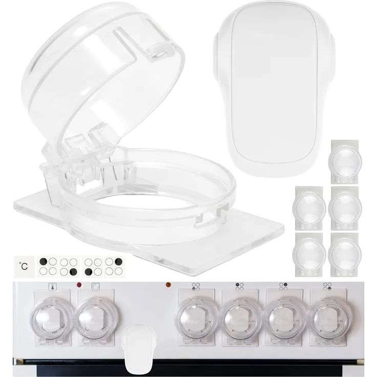 Herd Kindersicherung Set, für 6 Knöpfe, transparenter Kleber, mit Backofentür Kindersicherung in Weiss, für max. Ø 4,9 cm und 4 cm hohe Herdknöpfe mit min. 6,1 cm Abstand Mitte-Mitte, Herdschutz Kit