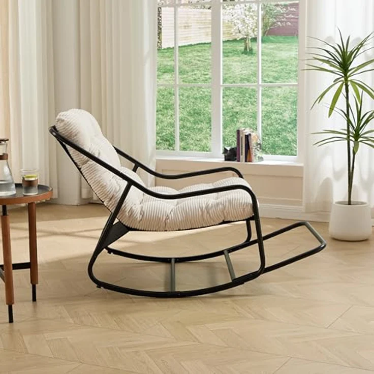Ball & Cast Schaukelstuhl für Drinnen & Draußen, Rocking Chair mit Gepolstertem Kissen und Fußstütze, Balkonsessel für Wohnzimmer, Garten & Terrasse, Weiß – Bild 3