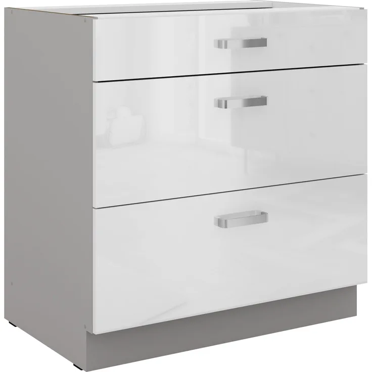 Küchen Unterschrank 80 Bianca Weiss Hochglanz + Grau Vollauszug Soft-Close