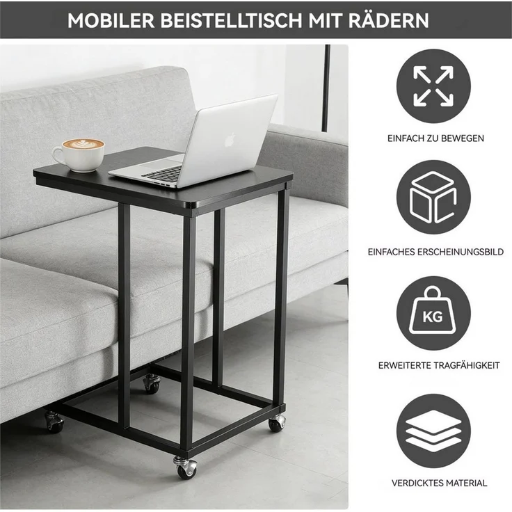 BlingBin Beistelltisch Mobiler Kaffeetisch,C-förmiger Sofatisch mit Rollen,35 x 50 x 60 cm (1 Set, 1-St, Laptoptisch mit Metallgestell und Holzoptik), für Sofa, Bett und Wohnzimmer, Schwarz – Bild 4