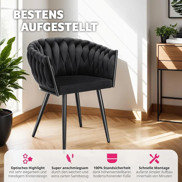 tectake Esszimmerstuhl Astano (6er Set, 6 St), gepolstert, mit Samtbezug, Knotendesign – Bild 6