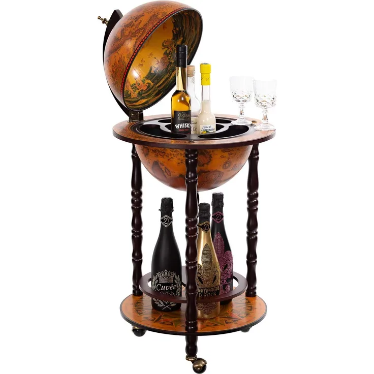 Riesiger Barwagen 33001 R, mit massiven Eukalyptusholz Säulen, in Antikbraun geöffnet 100 cm hoch und 44 cm breit, mit Rollen, antike Weltkugel Globusbar, Bartisch, Hausbar, Barwagen, Weltkugel