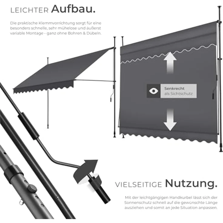tectake® Klemmmarkise mit Handkurbel, Balkon Markise ohne Bohren, Markise höhenverstellbar, UV-beständig, wasserabweisend, Terrassenüberdachung, Sonnenschutz Terrasse & Balkon, 300 cm - schwarz/grau – Bild 4
