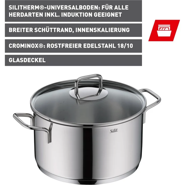 Silit Kochtopf Extra Cook, mit Glasdeckel, Edelstahl 18/10 (2-tlg), SiliTherm Universalboden, induktionsgeeignet, spülmaschinengeeignet – Bild 2