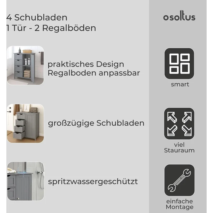 osoltus Badezimmerschrank Beistellschrank Hampton 55 x 30 x 82 cm Grau – Bild 3