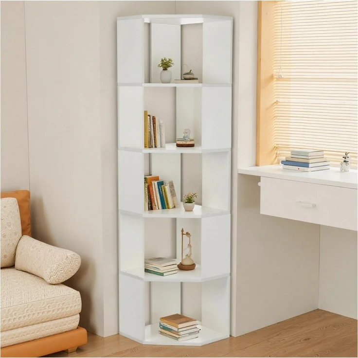 oyajia Bücherregal Bücherregal Eck 159cm für Wohnzimmer Home Office, 5-Stöckiges Weiß, Standregal, Büroregal, 5 Fächer, Holzwerkstoff, 40x40x159cm (BxTxH) – Bild 5