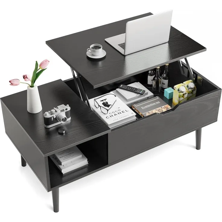 Sweetcrispy Couchtisch, Couchtische mit Hebeplatte, für Wohnzimmer, Wohnung, erhöhender Tisch, Holz-Couchtische mit Ablagefläche und verstecktem Fach, klassisches Schwarz