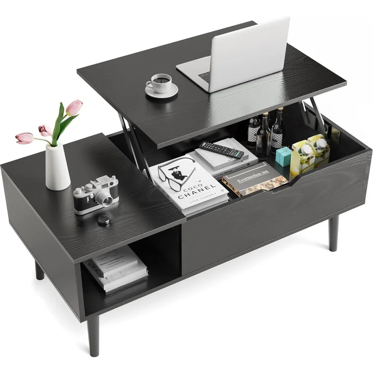 Sweetcrispy Couchtisch, Couchtische mit Hebeplatte, für Wohnzimmer, Wohnung, erhöhender Tisch, Holz-Couchtische mit Ablagefläche und verstecktem Fach, klassisches Schwarz – Bild 1