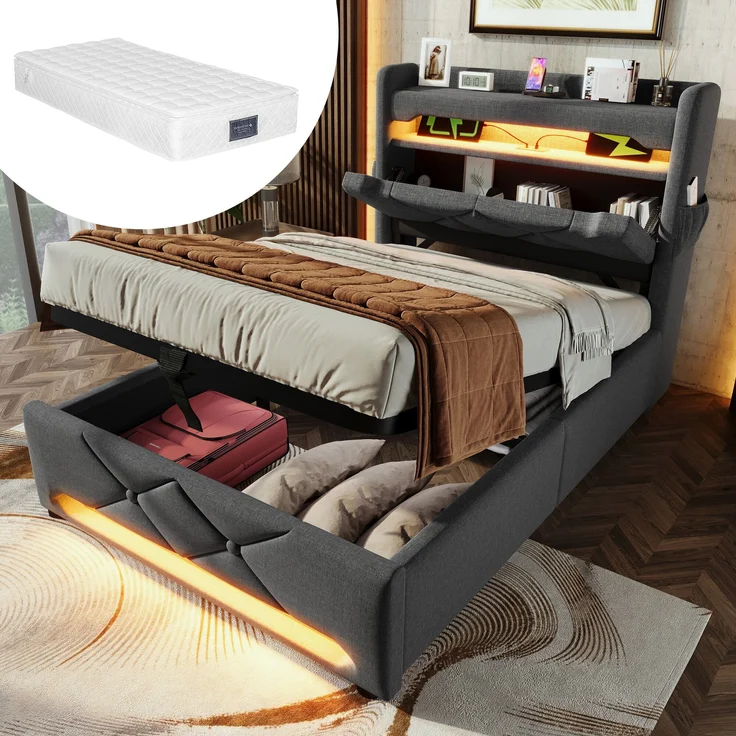 Polsterbett Einzelbett Leinen, mit 360° Musik-LED & 4-fach Ladestation inkl. Matratze, 90x200 cm, Grau – Bild 1