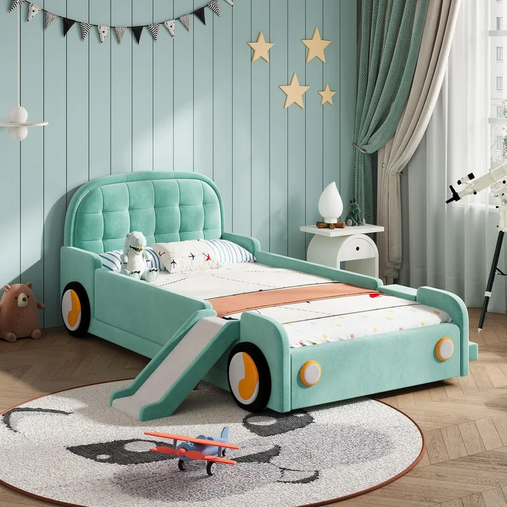 Kinderbett, Autobett mit Rutsche und Treppe, links/rechts montierbar, weiches Polsterbett in Blaugrün, Spielbett mit Fallschutz für Kinderzimmer, 90x200 cm – Bild 1