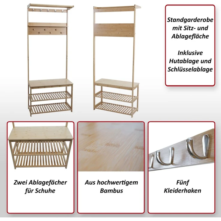 Bambus Standgarderobe HWC-N82, Garderobenständer Schuhregal Sitzbank Schuhbank, Kleiderhaken FSC® 170x70x31cm – Bild 2