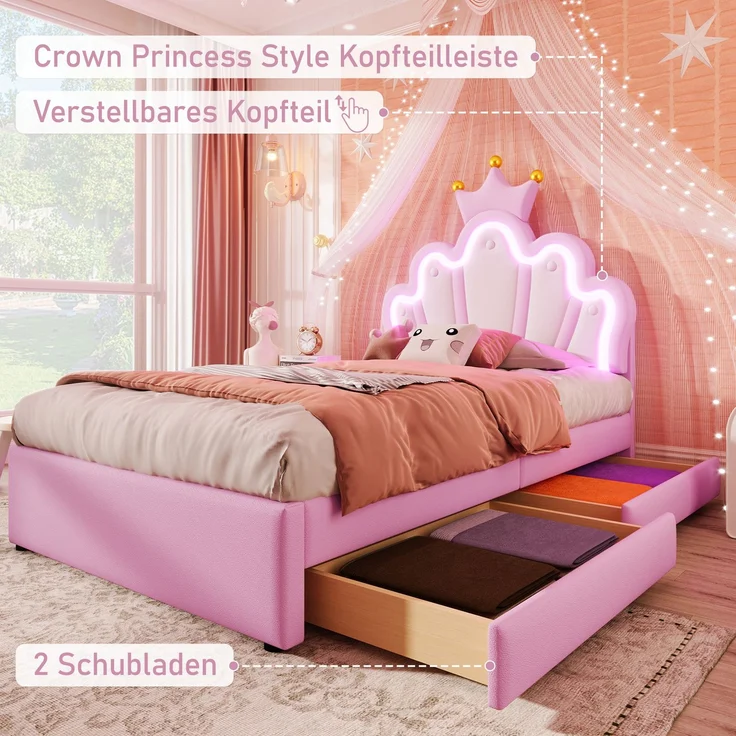 Polsterbett, 90 x 200 cm, Ohne Matratze, Ferngesteuertes Ambientelicht, Bett mit 2 Schubladen, Prinzessinnenbett in Kronenform, Verstellbares Kopfteil, PU, Rosa – Bild 3