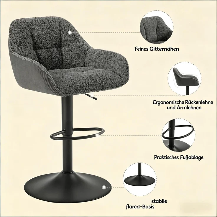 Weicher Essstühle,Küchenstühle,Kleiderstühle,Schreibtischsühle,Barstühle(Nur Set von 2 Bar Hocker)--Dunkelgrau--50x52x109cm--YOUDENOVA – Bild 2