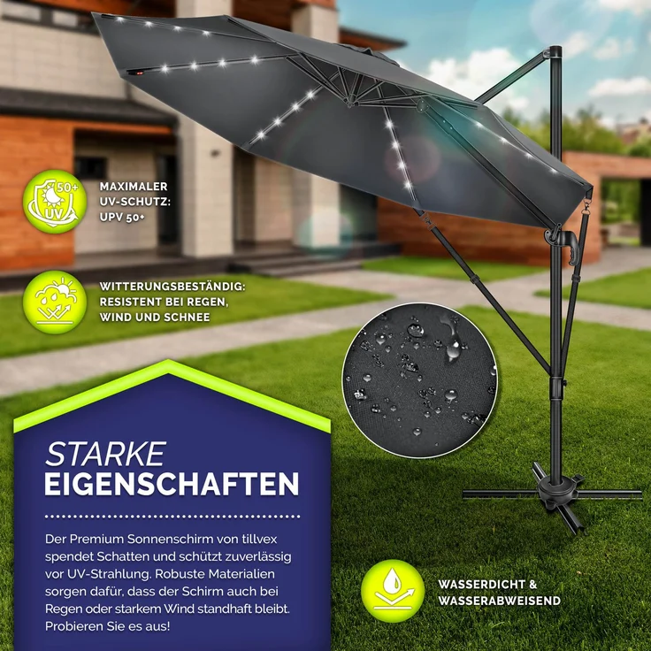 tillvex® Premium Alu Sonnenschirm 330 cm Anthrazit + Abdeckung & Windsicherung | Ampelschirm 6-Fach Verstellbar mit Kurbel | Gartenschirm 360° Drehbar Neigbar Kippbar | Kurbelschirm UV50+ Groß wasserdicht – Bild 2