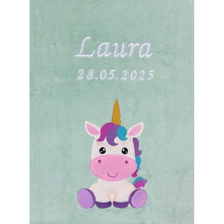 KIDDI-MEDIA Babydecke mit Name und Geburtsdatum Bestickt/kuschelig weich / 1A Qualität (Mint - Einhorn)