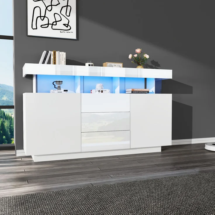 ZUBALIYA Sideboard 140x35x80 cm, mit LED-Beleuchtung, Hochglanz, aus Spanplatte, Weiß – Bild 5