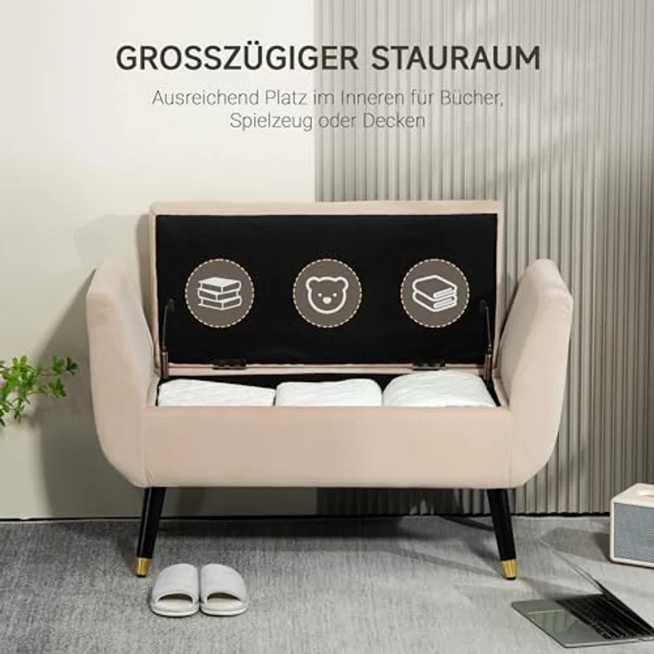 HOMCOM Sitzbank mit Stauraum Armlehnen, Samtartiges Polyester (Truhenbank, 1-St, Polsterbank), Gummiholz Beige 107 x 42 x 65 cm – Bild 5