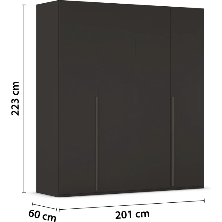 rauch Montclar Kleiderschrank 4-türig, mit 7 Einlegeböden, 2 Kleiderstangen, 1 Schubkasteneinsatz, 1 Inneneinteilung, 1 Innenspiegel, Farbe Schwarz, BxHxT 201x223x60 cm – Bild 5