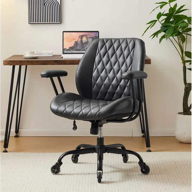 Bürostuhl aus Leder, ergonomisch & höhenverstellbar, 62x62x96 cm, Schwarz