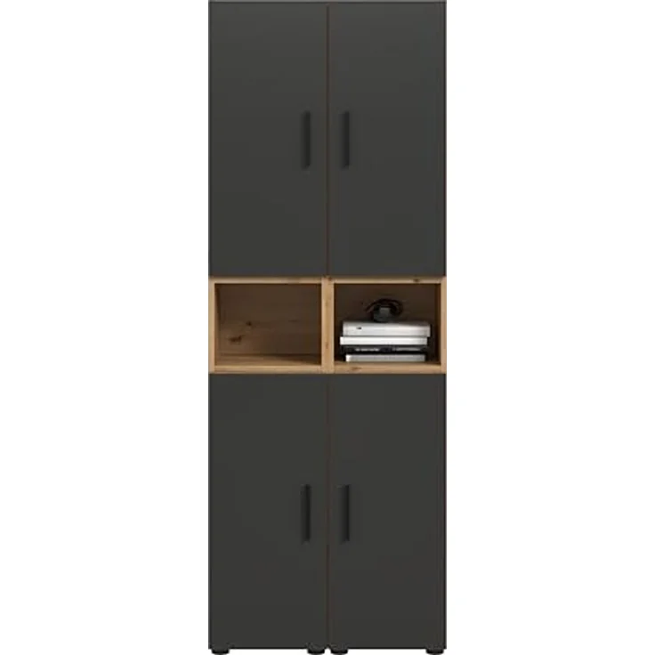 xonox. home – Wohnkombination The One 65x178x34 cm in Artisan Oak und Basalt – Schmale hohe Vitrine mit 4 Türen – 10 Fächer garantieren platzsparende Ordnung in einem markanten, dunklen Holzlook – Bild 4
