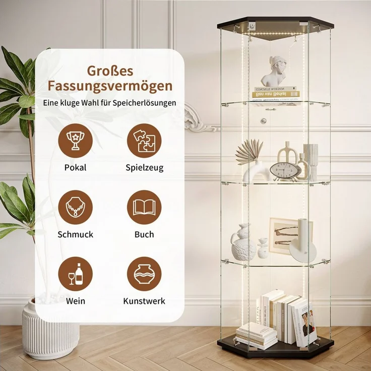Simurq Glasvitrine Eckvitrine 162cm LED Sammlervitrine,4 Lagen Eck-Glasvitrine Stehend (Packung, Sammlervitrine Schauvitrine mit 1 türen und Schloss, Gehärtetes Glas) LED-Streifenbeleuchtung, Mit Schloss,Fünfeckiges Design,Einzeltür – Bild 3