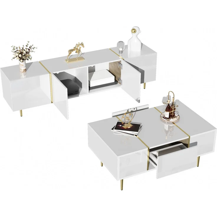 JARDJ Moderner Hochglanz-Weiß TV-Schrank und Couchtisch Set – Bild 8
