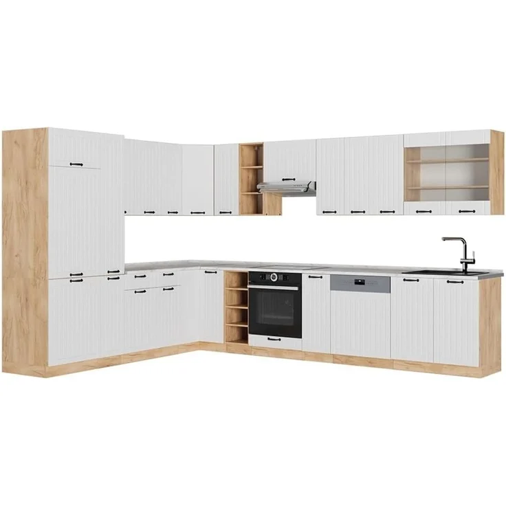 Eckküche Fame-Line Weiß Landhaus/Goldkraft Eiche 347 x 257 cm, AP Marmor Vicco – Bild 1