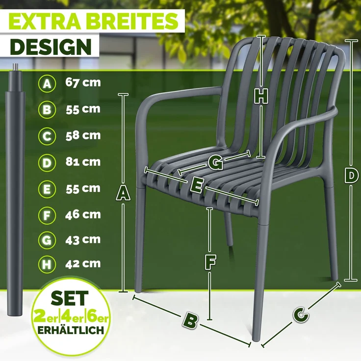 tillvex® Gartenstühle 6er Set Stapelbar Wetterfest mit Armlehne | Outdoor Stühle bis 120kg belastbar | Gartenstühle Outdoor | Terrassenstuhl Gartenmöbel Balkon Garten Terrasse – Bild 2