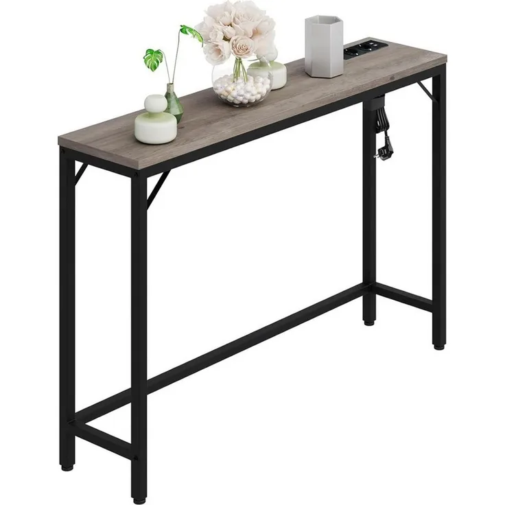 GarveeMore Konsolentisch mit Steckdose und USB-Anschluss,100x23x80cm, Ladestation Beistelltisch für Eingang Flur Wohnzimmer,Metallgestell